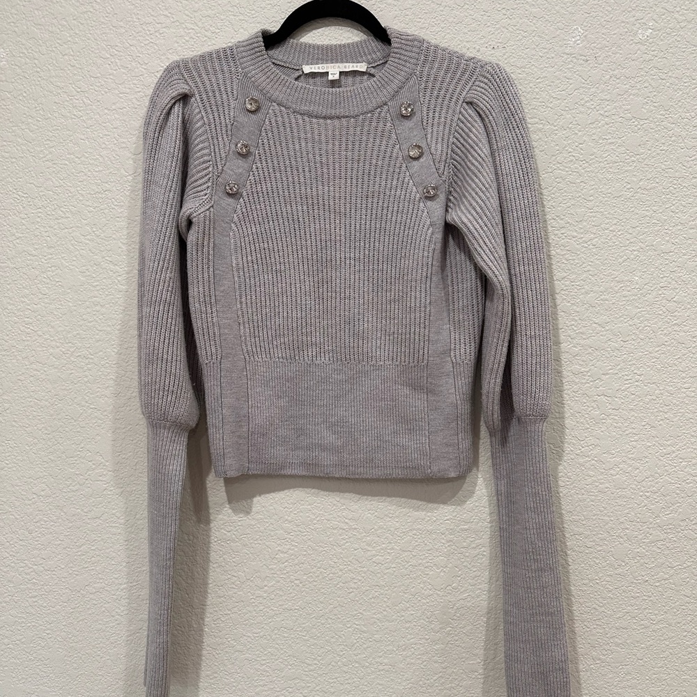Veronica Beard Grey Merino Wool Crystal Button Puff Sleeve Ribbed Sweater Small‎
